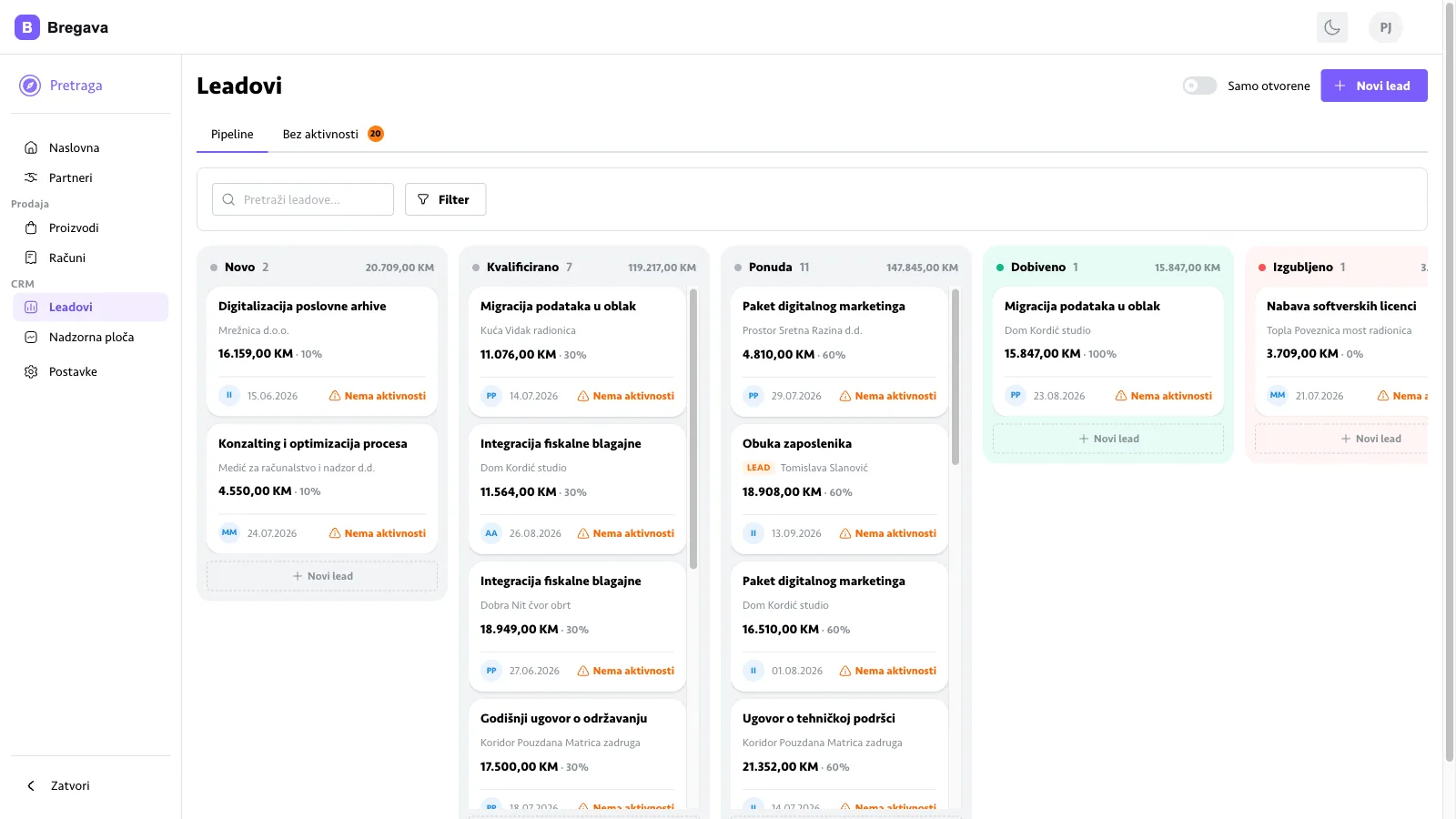 CRM prodajni pipeline u Prika ERP-u (svijetla tema)