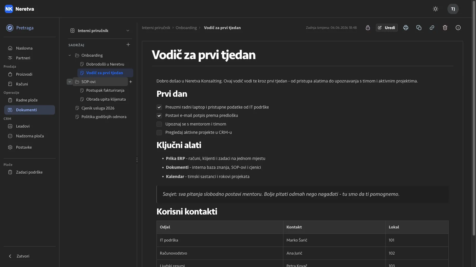 Baza znanja i dokumenti u Prika ERP-u (tamna tema)