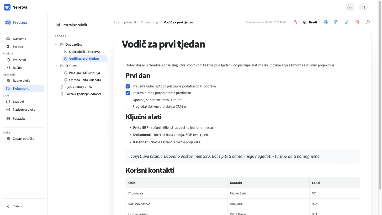 Baza znanja i dokumenti u Prika ERP-u (svijetla tema)