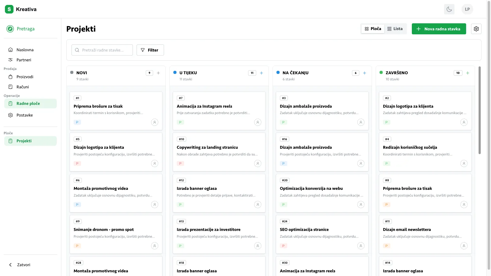 Kanban ploča zadataka u Prika ERP-u (svijetla tema)